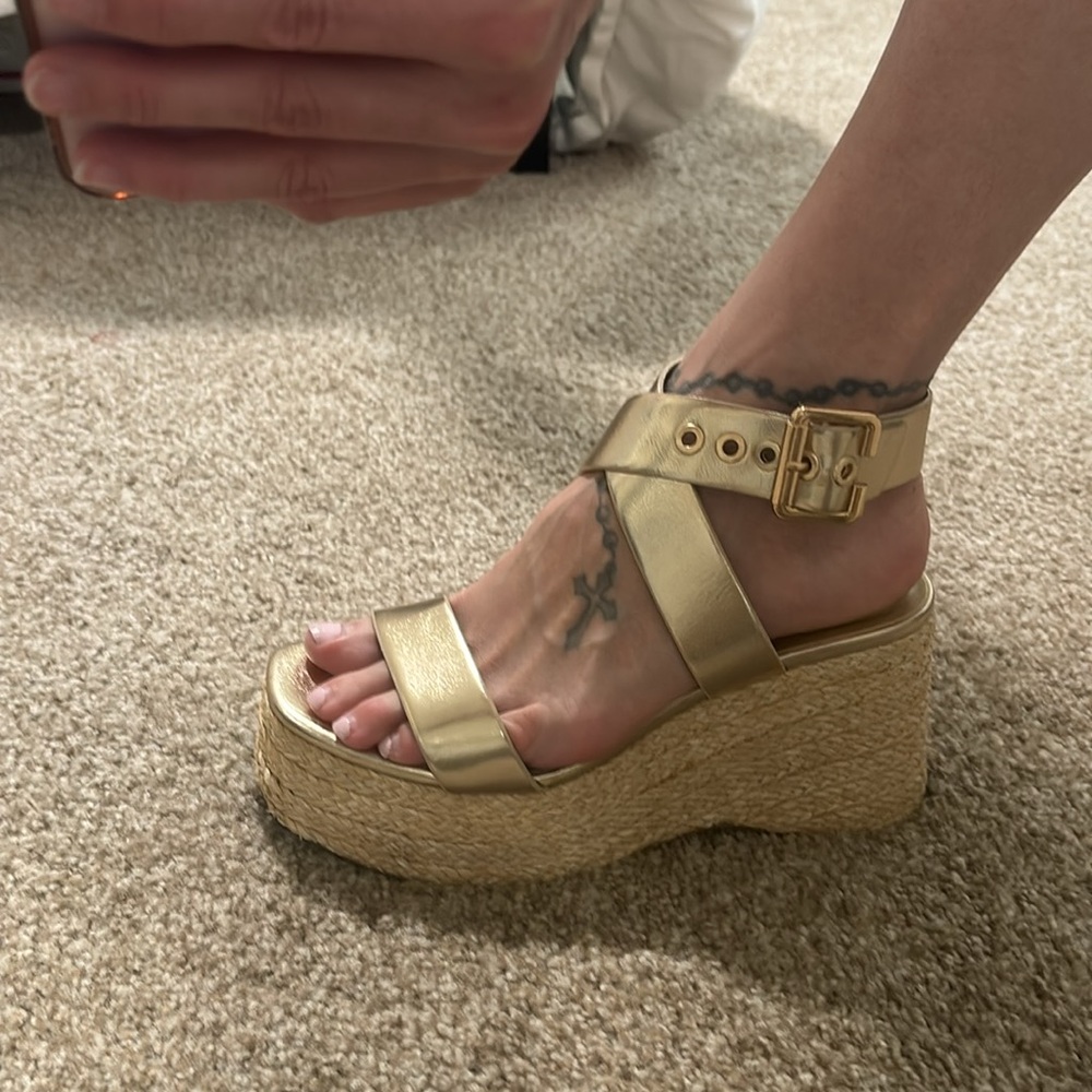 Gold Metallic Open Toe Platform Wedges